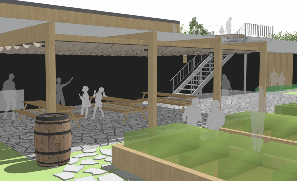 Pohled na pergolu venkovní učebny a vyvýšené záhony