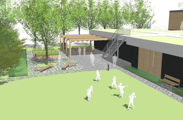 Pohled na venkovní učebnu a samozásobitelskou zahradu