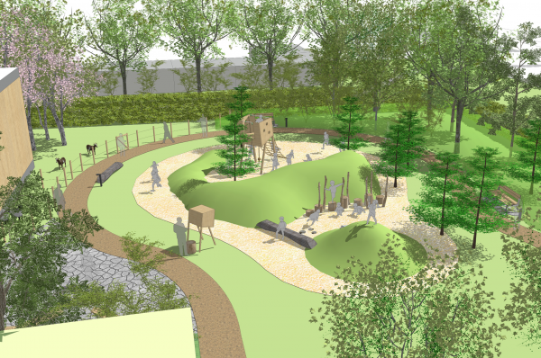 Pohled na hřiště a zatravněné "písečné duny"