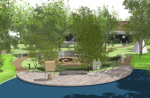 Pohled na jezírko s dřevěným molem a ohništěm v pozadí